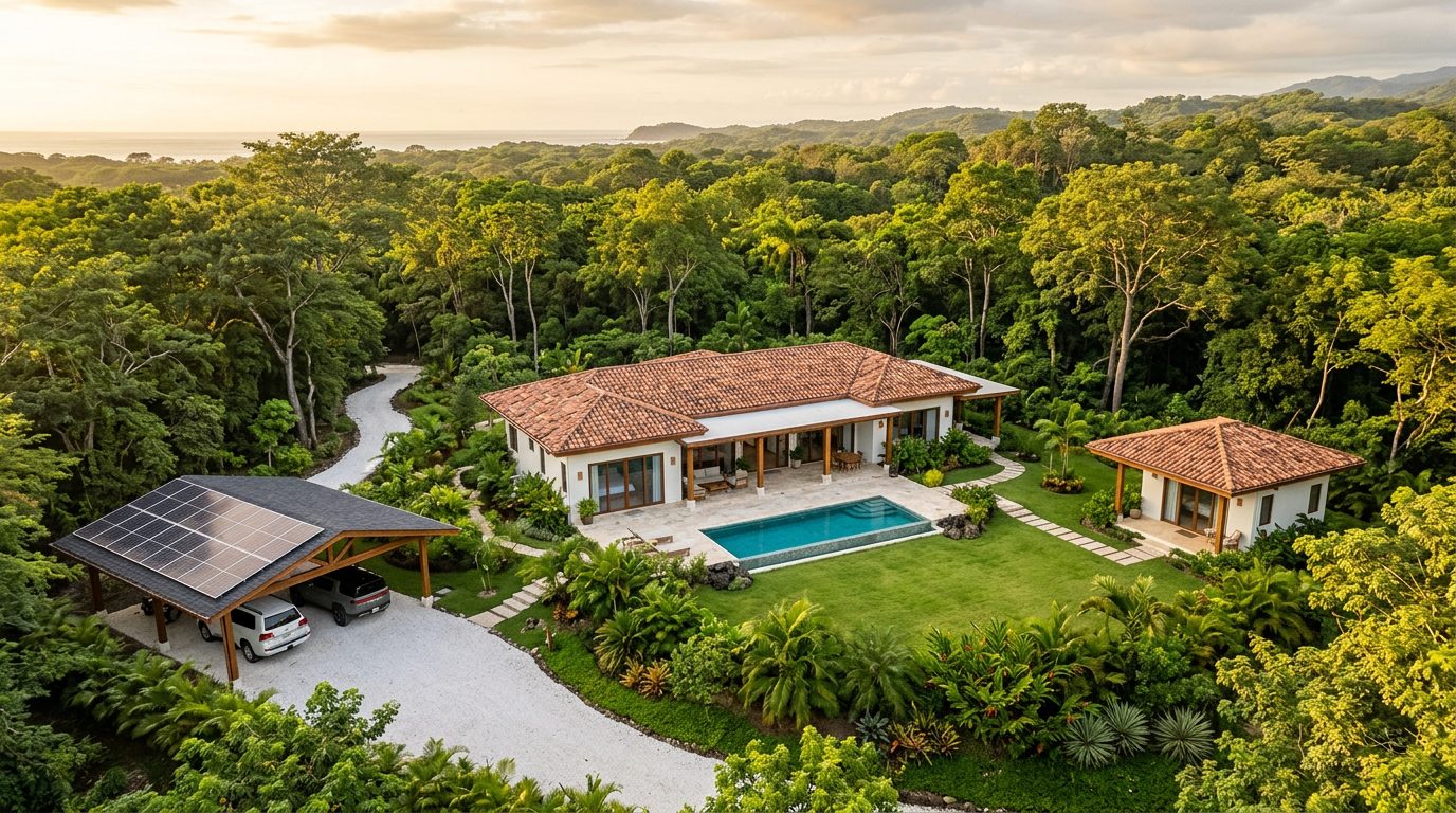 Render conceptual de una casa principal con piscina, casita de visitas y cochera solar