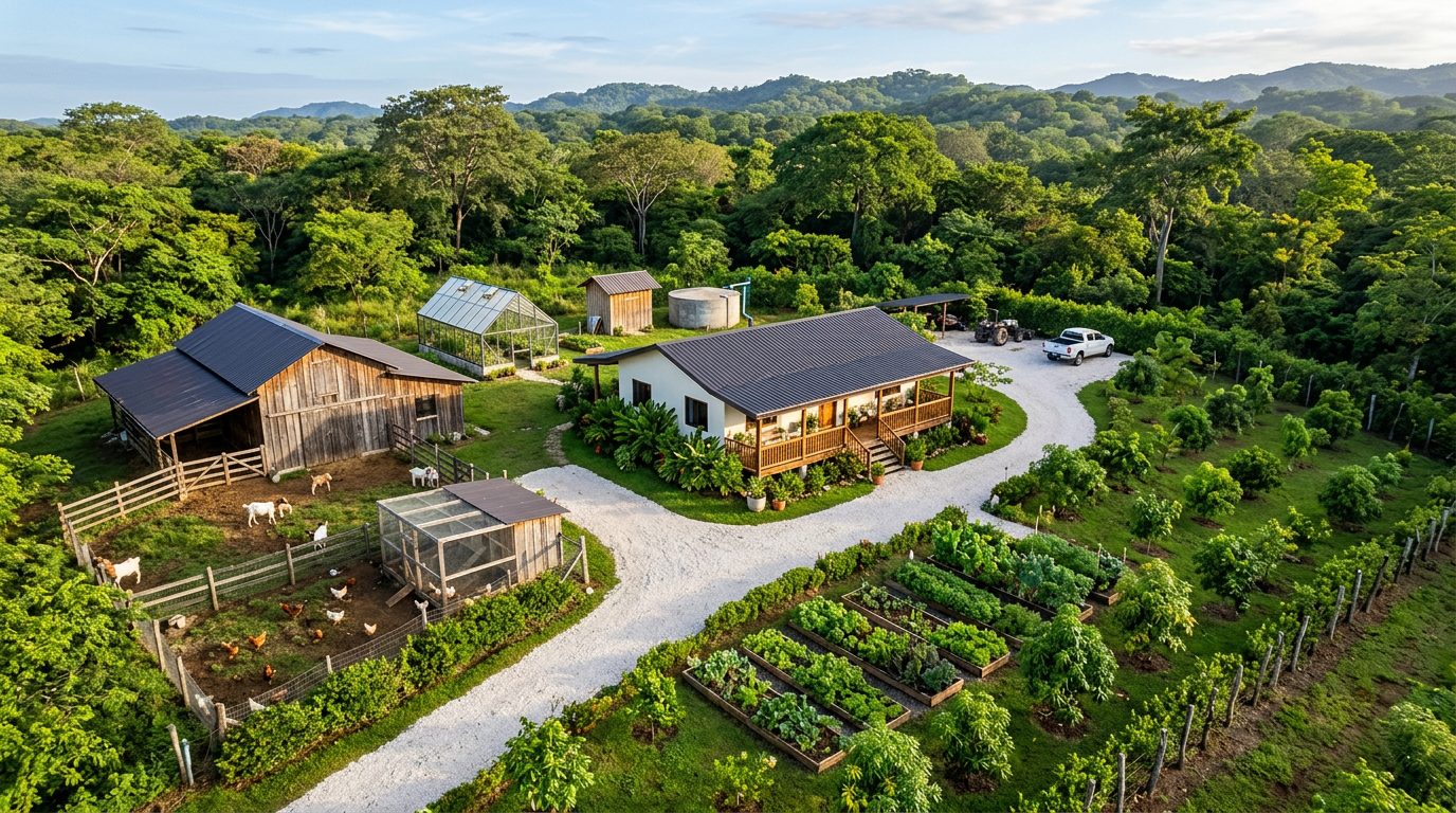 Render conceptual de una casa de finca, galerón, invernadero y eras de hortalizas en una finca entre el bosque
