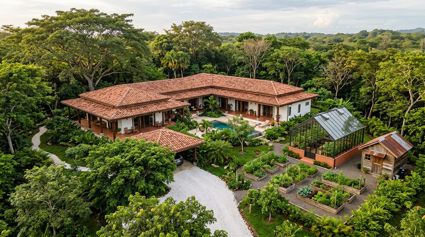 Render conceptual de una casa tipo hacienda de una planta con invernadero y bodega de jardín en el bosque seco