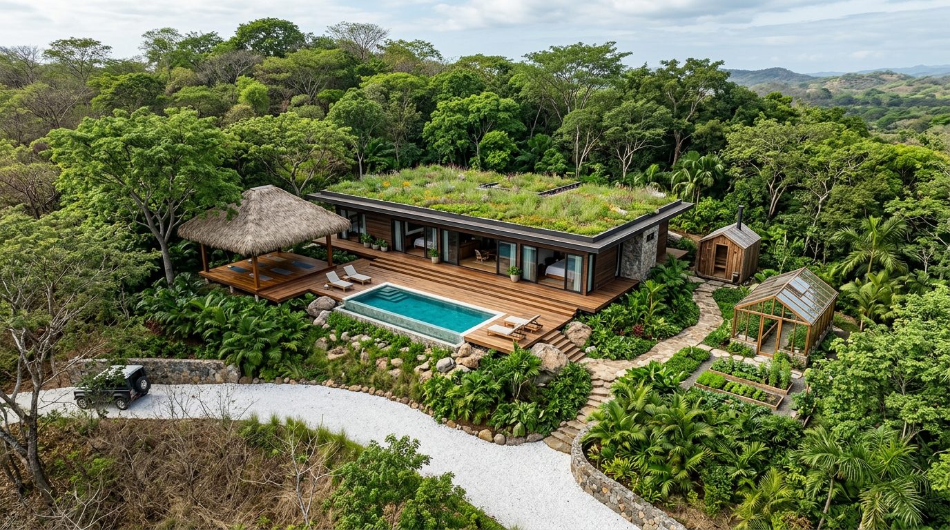 Render conceptual de una casa con techo verde, piscina pequeña, rancho de yoga, sauna e invernadero